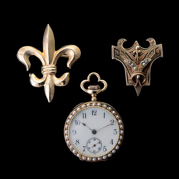 ENAMELED PENDANT WATCH WITH CHATELAINES.: DIAMOND, ENAMEL, 14K YELLOW GOLD PENDANT WATCH WITH CHATELAINES. DIAL: White, black Arabic numeral hour markers, golden dot outer minutes track, sunken subsidiary seconds dial at 6 o'clock. MOVEMENT: