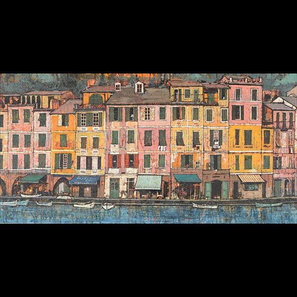 JOHN LENTINE Italian Fishing Village Oil on Canvas: JOHN LENTINE "Portofino" Oil on canvas. 20 x 40 inches. Signed l/l. Feingarten Galleries label verso.