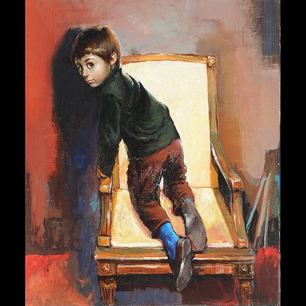 ALBERT LOCCA, Portrait of a Boy, Signed Oil: ALBERT LOCCA (Swiss 1895-1966) "Little Boy in Chair" Oil on canvas. 24 x 21 inches. Signed l/r. (CONDITION: Craquelure in boy's pants)
