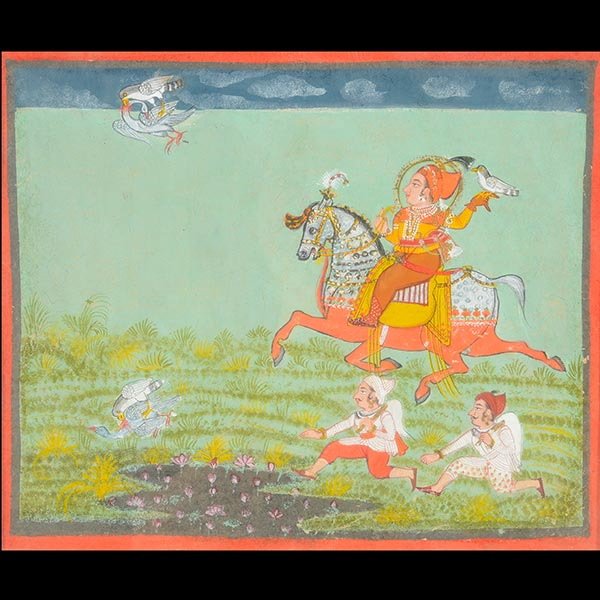MUGHAL SCHOOL On a Hunt with Falcons: MUGHAL SCHOOL (19th Century) "On a Hunt with Falcons" c.1830 Gouache on paper. Sight: 9 x 11 inches. Annotated verso.