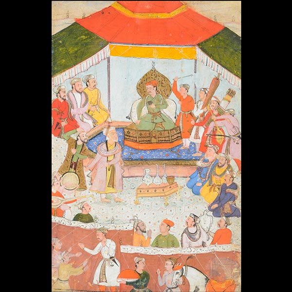 MUGHAL SCHOOL Indian Miniature: MUGHAL SCHOOL (18/19th Century) "A Ruler Enthroned by Male Dancers and Musicians" Gouache on paper. 8 1/2 x 5 1/2 inches. Annotated verso.