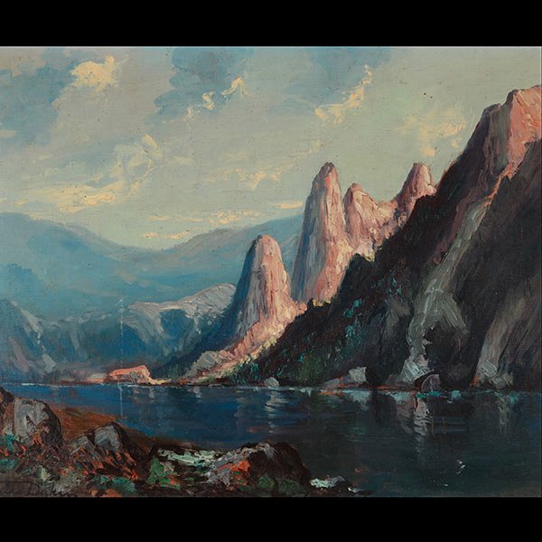 SIDNEY DAKIN Mountain Lake Landscape: SIDNEY TILDEN DAKIN (American 1876-1935) "Mountain Lake Scene" Oil on board. Sight: 19 1/2 x 23 inches. Signed l/l.