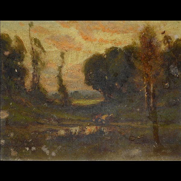 Attributed to WILLIAM KEITH, Wooded Landscape: Attributed to WILLIAM KEITH (Californian 1838-1911) "Wooded Landscape" Oil on board. 9 x 12 inches. Inscribed on back in pencil "Oil Sketch by William Keith" (CONDITION: Heavily soiled)