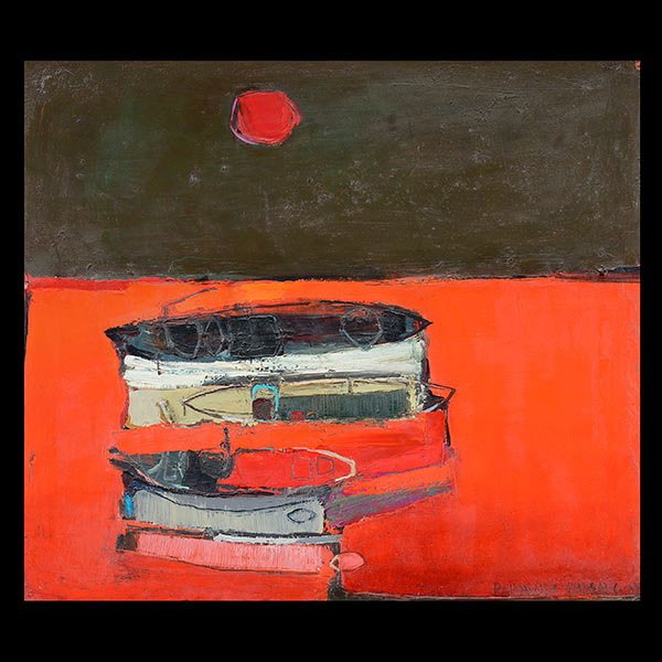 RAIMONDS STAPRANS "Boats at Sunset" o/c: RAIMONDS STAPRANS (American, b. 1926) "Boats at Sunset" Oil on canvas. 22 x 25 inches. Signed and dated "Raimonds Staprans 62". Maxwell Galleries label verso.