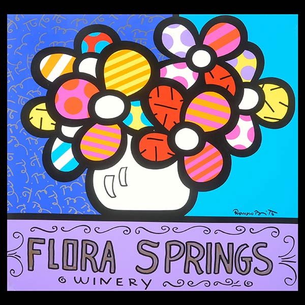 ROMERO BRITTO Flora Springs Acrylic on canvas: ROMERO BRITTO (American b.1963) Flora Springs Winery Acrylic on canvas 48 x 48 inches/ 122 x 122 centimeters Signed lower right "Romero Britto" PROVENANCE: Private Collection, San Rafael, California