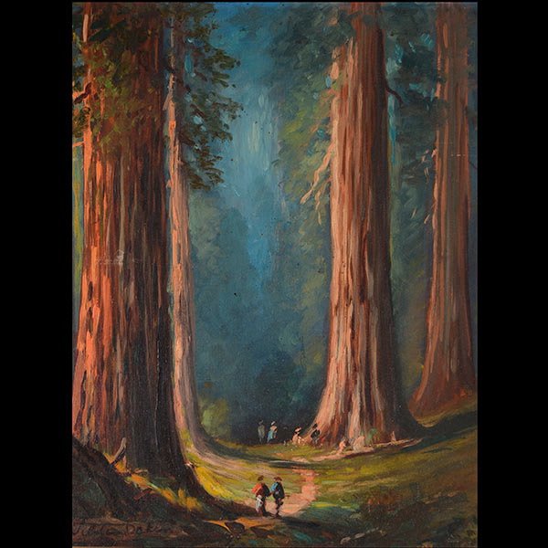 SIDNEY DAKIN Redwoods California Landcape: SIDNEY TILDEN DAKIN (American 1876-1935) "Untitled - Amongst Giants" Oil on board. 17 1/2 x 13 inches. Signed l/l.
