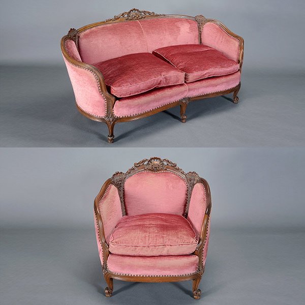 Rococo Revival Walnut Two Piece Parlor Suite,: Rococo Revival Walnut Two Piece Parlor Suite, with Settee and Matching Armchair in Rose Velvet Upholstery {Dimensions of sofa 34 x 67 x 33 1/2 inches}