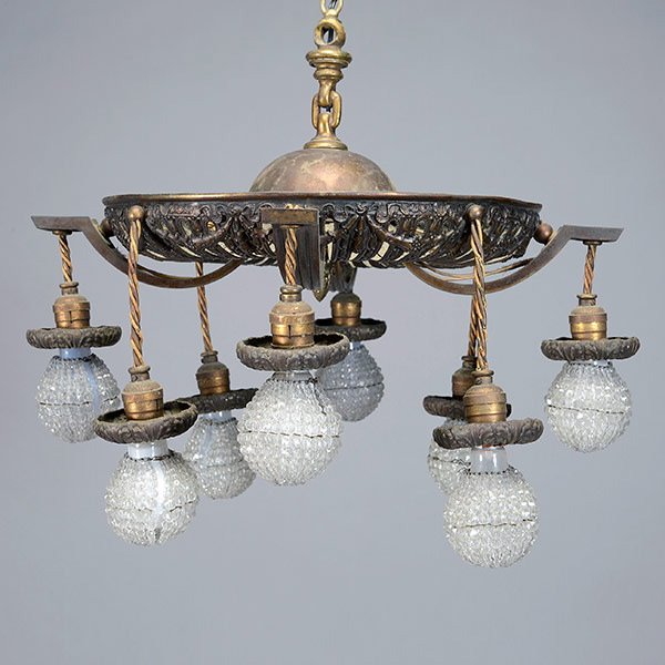 Beaux Arts Gilt Metal Eight Light Chandelier: Beaux Arts Gilt Metal Eight Light Chandelier, with beaded shades {Height 18 inches; diameter 22 inches}