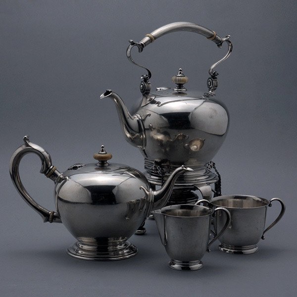Rogers & International Sterling 4 PC Tea Set: Associated Rogers & International Four Piece Sterling Tea Service, Comprising a Treasure teapot {height 6 1/2 inches}; and kettle on burner {height 12 1/2 inches}; together with an International cream