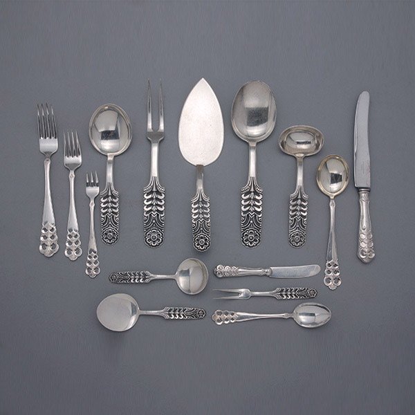 David-Anderson Sterling Silver Flatware Set: Suite of David-Anderson Sterling Silver Flatware: Comprising eight dinner forks {length 8 inches} ; eight dinner knives {length 9 inches}; seven salad forks; eight soup spoons {length 7 inches}; eight