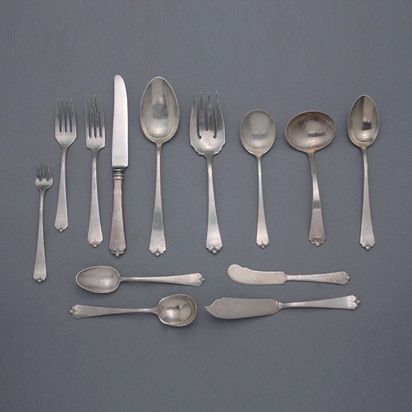 Watson Lotus Sterling Flatware Service: Watson Lotus Sterling Flatware Service: Comprising six dinner forks {length 7 1/4 inches}; six dinner knives {length 9 inches}; six salad forks {length 6 1/4 inches};twelve teaspoons; twelve place spo