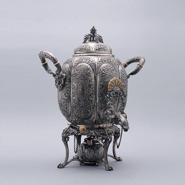 German Art Deco Silver Tea Kettle on Stand: German Art Deco Silver Tea Kettle on Stand, the melon form with ivory handle and a burner , marked 916 {Total weight 75.8 troy oz; height 13 inches}