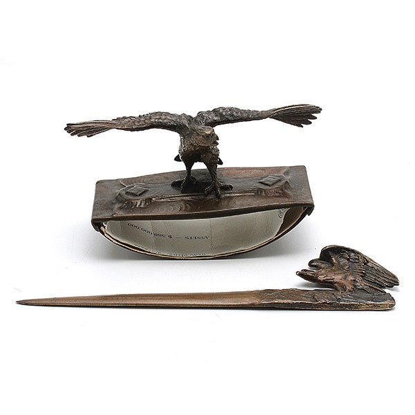 Austrian Bronze Blotter and Letter Opener, Birks: Austrian Cold Painted Bronze Blotter and Letter Opener, Birks, Circa 1900, each cast with a wing swept eagle {Length of letter opener 10 inches}