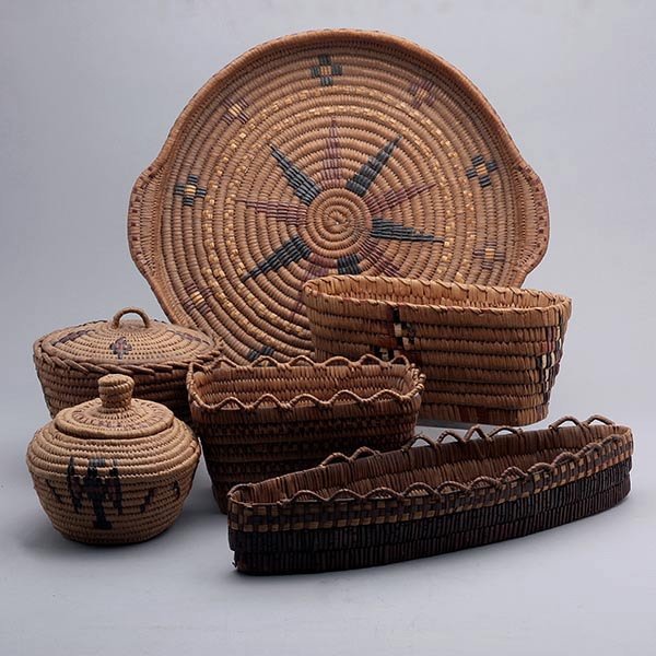 Six Thompson River Coast Salish Baskets: Six Thompson River Coast Salish Baskets {Diameter of largest tray 15 3/4 inches}