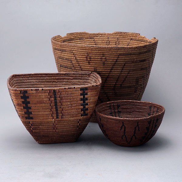 Three Native American Baskets:: Three Native American Baskets: Comprising one Salish, one Thompson River, and a Mano Basket {Height of tallest 11 inches; diameter 14 inches} [small losses]