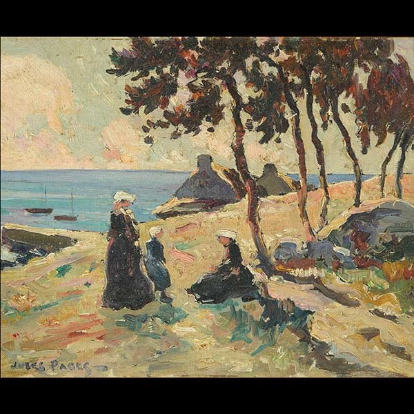 JULES EUGENE PAGES, View of Brittany Cal Artist: JULES EUGENE PAGES (Californian / French 1867 - 1946) "View of the Brittany Coast with Women and Child" Oil on canvasboard. 7 7/8 x 9 7/8 inches. Signed lower left: Jules Pages. (condition: The condit