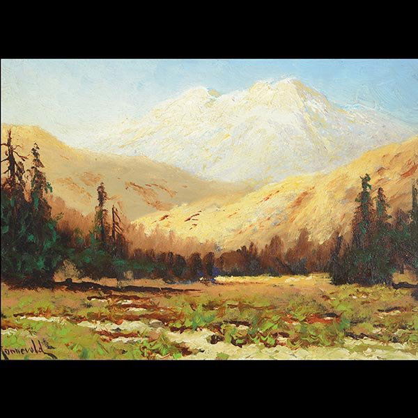 CARL JONNEVOLD Mountain Landscape: CARL HENRIK JONNEVOLD (Norwegian born/Californian 1856-1955) "Untitled - High Sierra Meadow" Oil on board. 10 x 14 inches. Signed l/l.