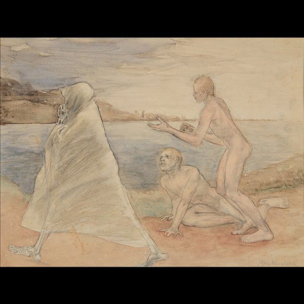 MAX KLINGER "Death with Two Figures" Germany: MAX KLINGER (Germany 1857-1920) "Untitled- Death with two figures" Pencil and watercolor on paper. 9 x 12 inches. Signed l/r. CONDITION: Hinged to mat board with two pieces of adhesive - unframed. Min