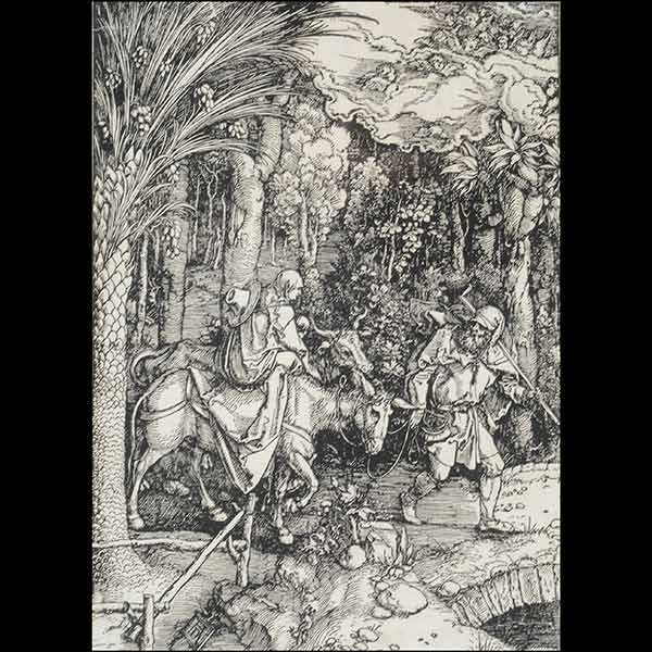 After Albrecht Durer, Flight into Egypt: AFTER ALBRECHT DURER. (German 1471 - 1528) "The Flight into Egypt" after the edition from the Life of the Virgin. Print. Sheet: 12 x 8 1/2 inches. Bears artist initial in image lower left: AD (Conditi
