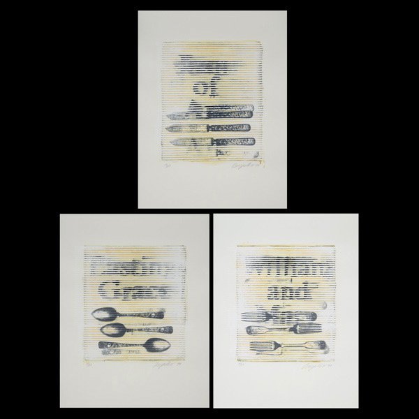 DEBORAH OROPALLO Spoons, Forks, Knives,: DEBORAH OROPALLO (American b.1954) Three works: "Spoons, 1994", "Forks, 1994" & "Knives, 1994" Mixed media on paper. Image: 12 x 10 inches/ 30.5 x 25.4 centimeters. Sheet: 20.25 x 15 inches/ 51.5 x 38