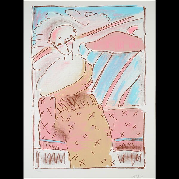 PETER MAX "Seated Lady" Serigraph 42/175: PETER MAX (American/German born 1937) "Seated Lady" Serigraph on ARCHES paper. Sight: 19 x 21 inches. Frame: 39 x 31 inches. Signed in pencil l/r and numbered l/l "42/175". NOTES: Inspected in frame -