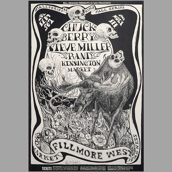 LEE CONKLIN signed 1968 concert poster: LEE CONKLIN (American b. 1941) "Bill Graham Presents: Chuck Berry, Steve Miller Band, September 5th, 1968" Concert Poster Serigraph on paper Image:14 x 21 inches/ 35.6 x 53.3 centimeters Signed lower