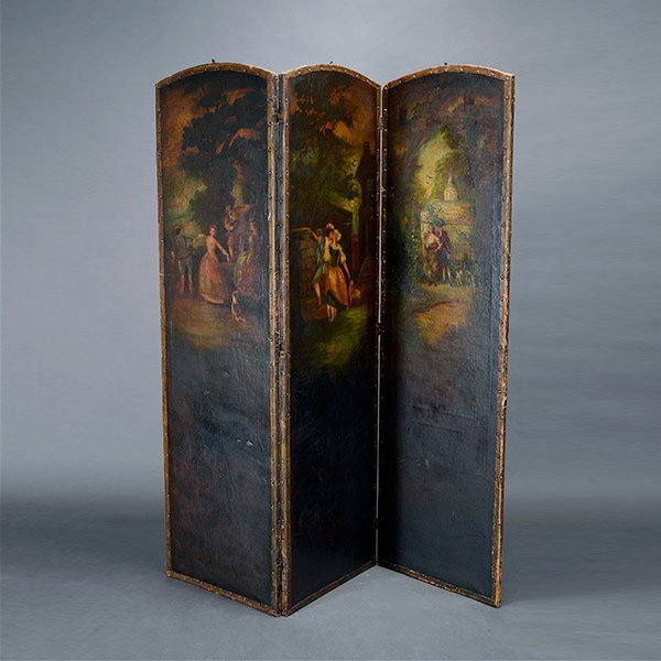 Continental Three Panel Painted Canvas Screen: Continental Three Panel Screen Painted with Pastoral Scenes of Courting Couples {Dimensions of each panel 72 1/2 x 21 inches}