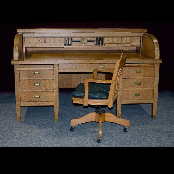 American Oak Roll Top Desk with swivel chair: American Oak Roll Top Desk, with swivel chair {Dimensions of desk 43 1/2 x 72 x 38 inches}