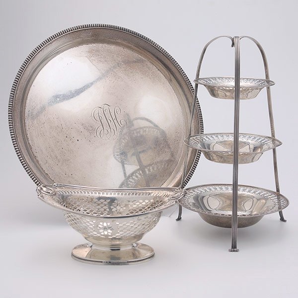 Three Sterling Table Articles: Gorham Sterling Footed Candy Dish, a Towle Three Tiered Server, and a Frank W. Smith tray retailed by W.K. Vanderslice Co., with monogram {Total silver weight 22.9 troy oz; height of three tier server