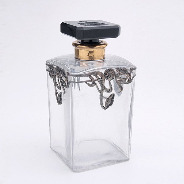 Lanvin France Silver Metal Glass Scent Bottle: Lanvin France Silver Metal Overlaid Glass Scent Bottle with Black Intaglio Cut Stopper {Height 6 3/8 inches}