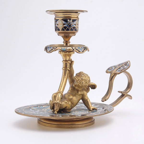 Louis XV Style Champleve Gilt Bronze Candlestand: Louis XV Style Champleve Enamel Gilt Bronze Candlestand with Cherub {Height 4 3/4 inches}