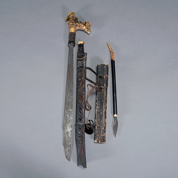 Indonesian Kalifa Head Hunters Sword,: Indonesian Kalifa Head Hunters Sword, and spear {Length of sword 26 1/2 inches}
