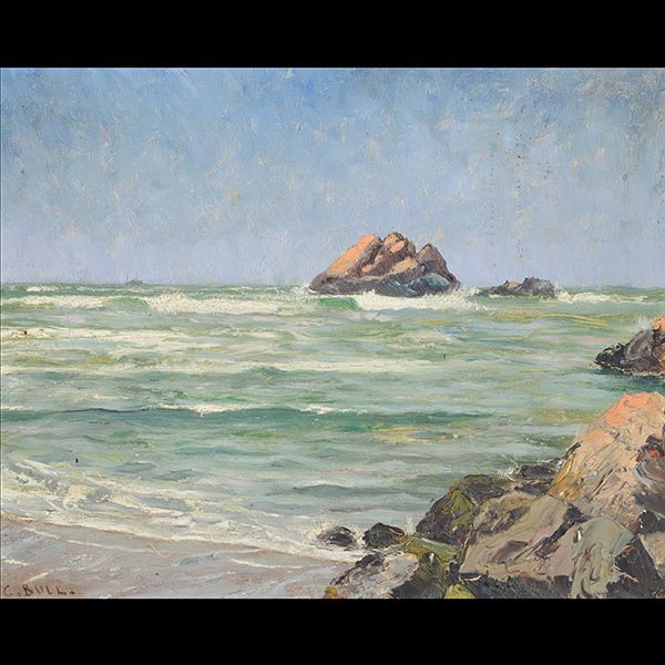 Early California Seascape with ornate frame: GEORGIA ZANE BULL (Californian 1871-1946) "Untitled - Rocky Coastline" Oil on masonite. 13 3/4 x 18 1/2 inches. Frame: 17 1/2 x 21 1/2 inches. Signed l/l. NOTES: Accompanied with beautiful gilt period