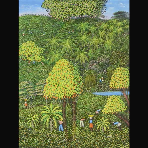 HENRI ROBERT BRESIL “Le Centre d'Art” Oil: HENRI ROBERT BRESIL (Haitian 1952-1999) “Le Centre d'Art” Oil on canvas. 40 x 30.25 inches/ 101.6 x 82 centimeters. Signed lower right “HR. Bresil” Verso: Titled on canvas “Le Centre D'Art��