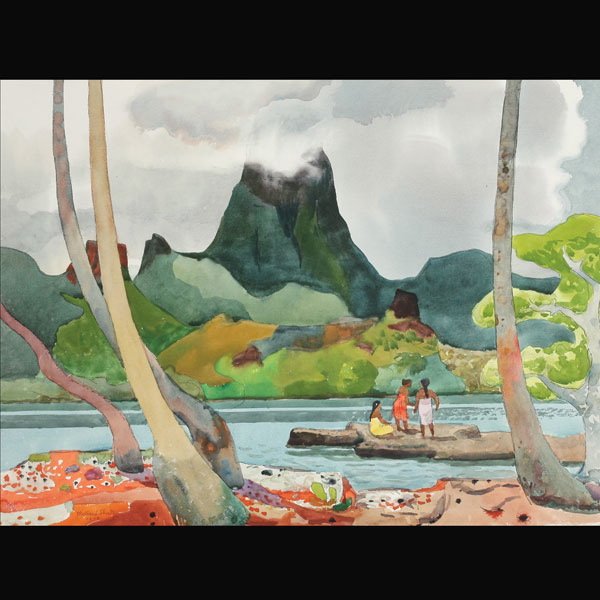 MILLARD SHEETS Moua Puta Across Drake Bay: MILLARD SHEETS (American 1907-1989) "Moua Puta Across Drake Bay, 1979" Watercolor on paper 22 x 30 inches/ 55.9 x 76.2 centimeters Signed & dated lower left "Millard Sheets, 1979" Verso sheet: Titled