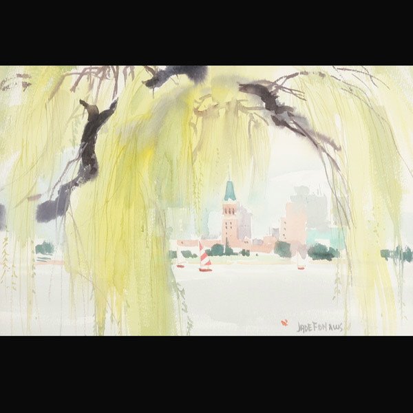 JADE FON "WIllow Tree at Lake Merritt" Watercolor: JADE FON (American 1911-1983) "WIllow Tree at Lake Merritt, Oakland" Watercolor on paper Sight: 14 x 21 inches/ 35.5 x 53.3 centimeters Signed lower right "Jade Fon, A. W. S." Frame: 23.25 x 29.25 cen