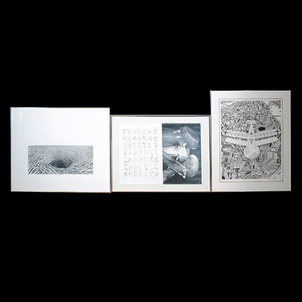 Three Contemporary Black and White Prints: JERRY RUDQUIST (American 1934-2001), KATO (20th Century), BRUCE McCOMBS (American b.1943) "Termi ", "Vortex II", "Albatross" Lithograph on paper. Etching on paper. Etching on paper. Sheet: 22 x 30 inc
