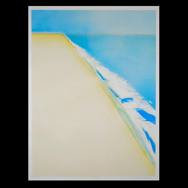 GREGORY KONDOS Seacape Lithograph: GREGORY KONDOS (American b.1923) "Beach" Color lithograph on paper. Plate: 30 x 22 inches. Frame: 40 x 31 1/2 inches. Signed and dated in pencil l/r "1982". Titled center "Beach" and annotated l/l "C.