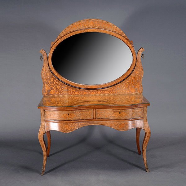 Dutch Floral Marquetry Dressing Table: Dutch Floral Marquetry Dressing Table, the oval mirror supported by lyre shape supports inlaid with trailing floral boughs, over the outswept bombe top with an flowering urn with faux lion's head mask