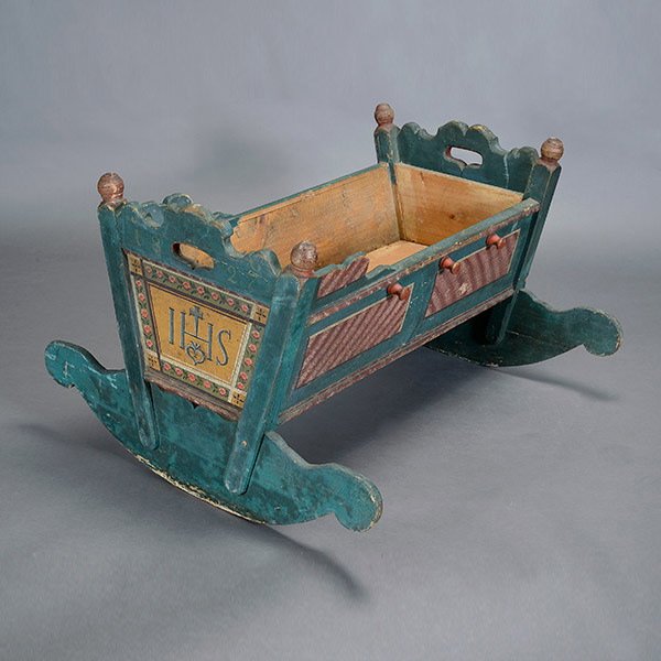 Pennsylvania Dutch Painted Cradle: Pennsylvania Dutch Polychrome Wood Cradle with IHS medallion {Dimensions 24 x 37 1/2 x 34 inches}