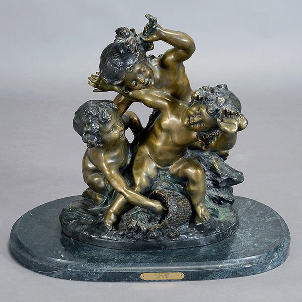 Raphael Charles Peyre Bronze Cupid Group: Raphael Charles Peyre (French, 1872-1949), Bronze Figural Group of Cupids with Flower Basket, mounted with plaque titled "Mischief by Peyre", bronze inscribed "RCP Peyre"
