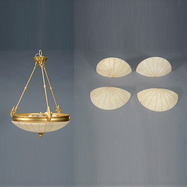 Art Deco Gilt Brass Alabaster 9 Light Chandelier: Art Deco Gilt Brass Alabaster Chandelier, the pendant carved corona base, suspended by three cylindrical rods with leaf, fitted with three light socket, en suite with two pairs of sconces, 20th Centur