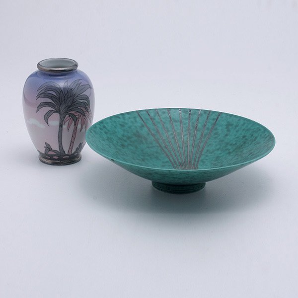 Gustavsberg Bowl and a Karl Ens Vase: Gustavsberg Silver Inlaid Bowl and a Karl Ens Porcelain Vase {Diameter of bowl 6 1/2 inches}