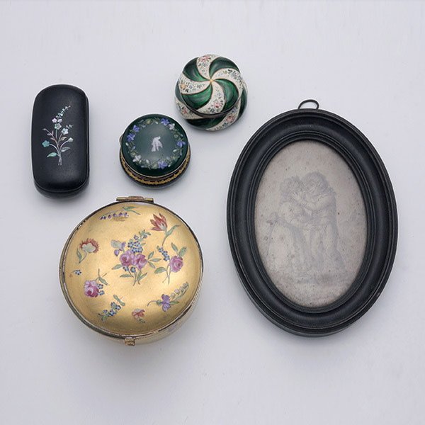 Four Decorative Boxes:: Four Decorative Boxes: Comprising a Victorian mother of pearl ebonized paper mache example; two enameled boxes; and a gilt decorated porcelain box {diameter 3 5/8 inches}; together with a miniature ov