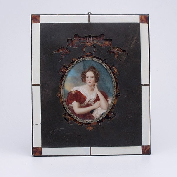 Regency Style Hand Colored Portrait Miniature: Regency Style Hand Colored Portrait Miniature, with ivory and tortoise shell veneer, signed Dupre {Dimensions 8 3/4 x 7 1/4 inches}