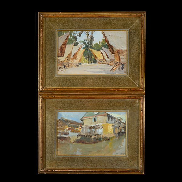 Pair of Landscapes of Jamaica, signed and dated: Early 20th Century Jamaican Landscapes Oil on paper. 6 x 9 1/2 inches. Frame: 11 1/2 x 14 3/4 inches. One signed and dated l/r "U, Kaumbekel 1912".