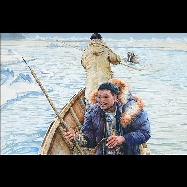 PETER KOLA "Inuit Fishermen" Gouache on paper: PETER KOLA (American 20th/21st Centuries) "Untitled - Inuit Fishermen" Gouache on paper. Sight: 21 1/2 x 23 inches. Frame: 32 x 42 1/2 inches. Signed and dated l/r "75".
