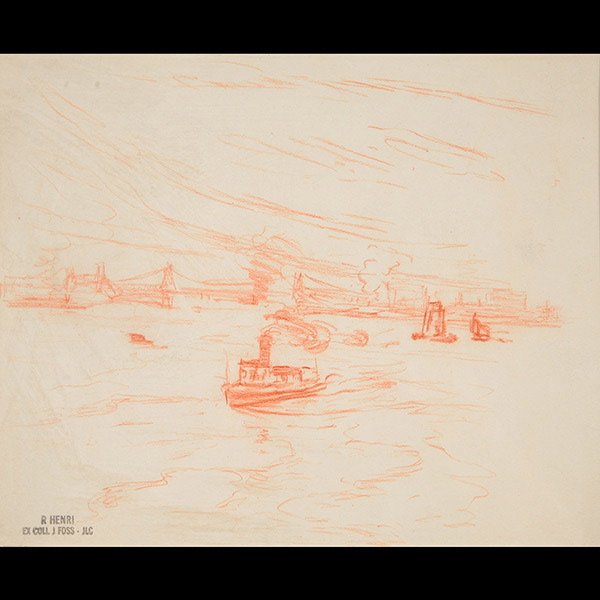 ROBERT HENRI Tugboat in New York Harbor Drawing: ROBERT HENRI (Amercian 1865-1929) "Tugboat in New York Harbor" Conte cranyon on paper. Sight: 7 1/2 x 9 1/2 inches. Frame: 18 1/2 x 22 inches. Family Stamp l/l "R HENRI EX COLL J FOSS - JLC".