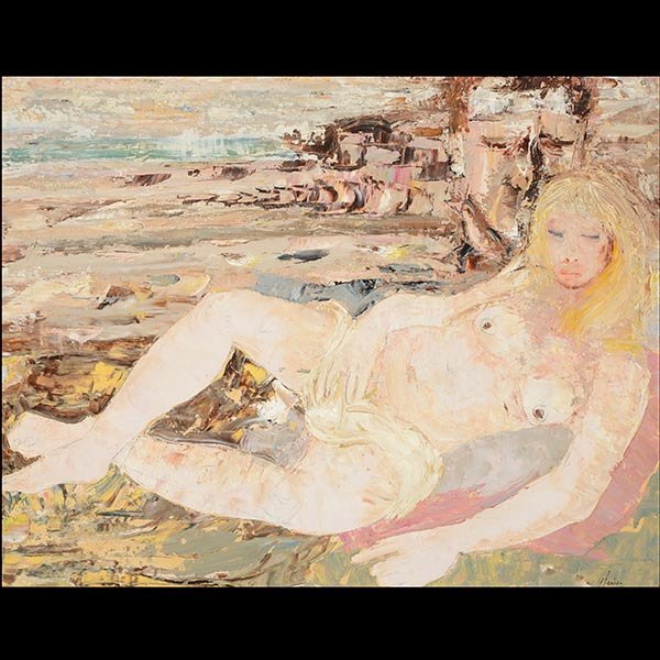 MARSHALL GLASIER Woman on the Beach oil: MARSHALL GLASIER (American 1902-1988) "Untitled - Woman on the Beach" Mixed media on paper. Sight: 20 x 26 inches. Frame: 28 x 33 1/2 inches. Signed and dated l/r "56."
