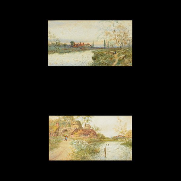 JAMES LAWSON STEWART 2 watercolors England: JAMES LAWSON STEWART (British 1841-1929) Two works "Untitled - Along the Thames" Watercolor on paper. Sight: 7 1/2 x 13 3/4 inches. Frame: 15 x 21 1/2 inches. Initialed l/l and l/r.